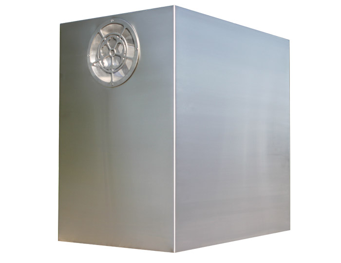 Square, modern box range hood in stainless steel