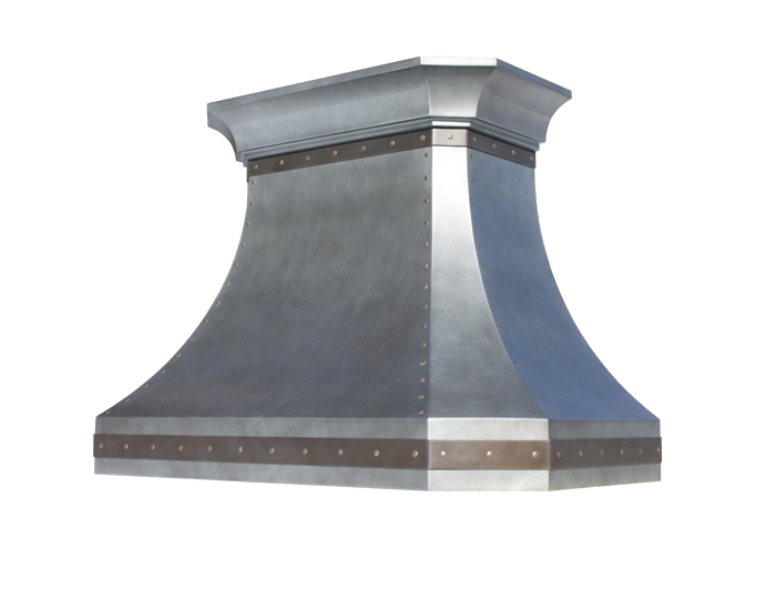 Mitered Sweep Range Hood with Medium Gray Zinc Straps
