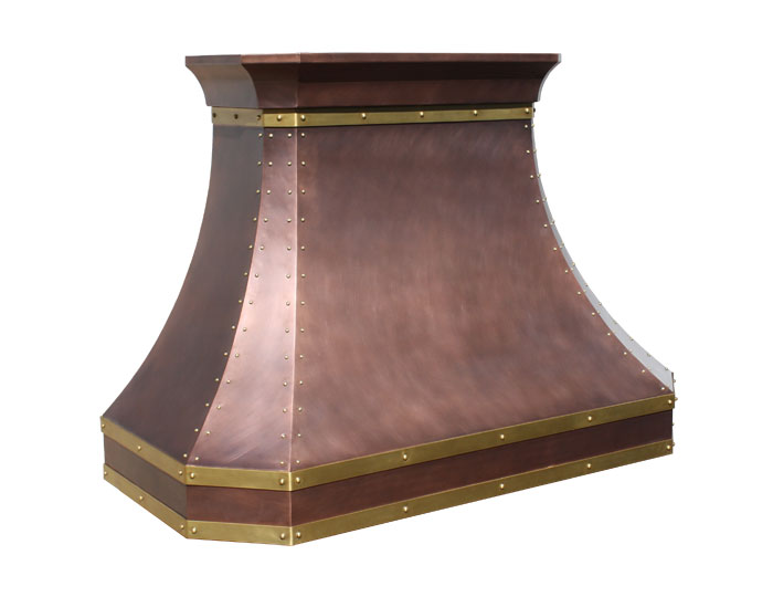 Mitered Sweep Range Hood with Light Antique Brass Straps