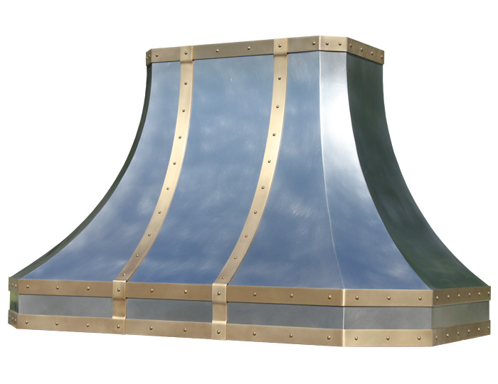 Mitered Sweep Range Hood with Riveted Brass Straps