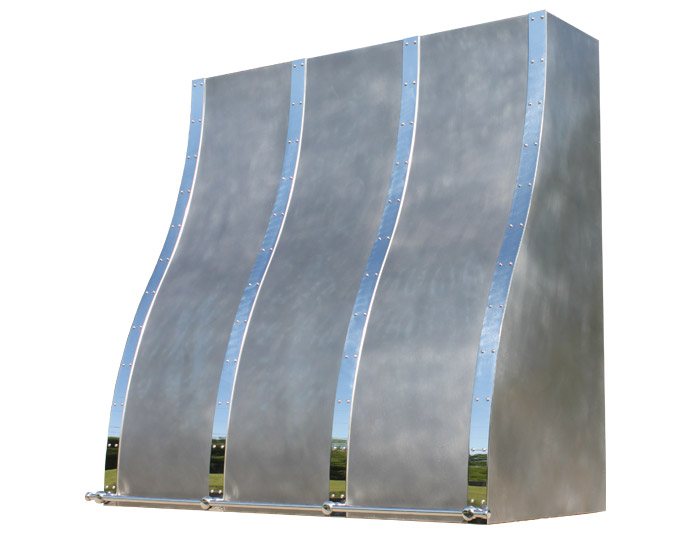 Custom Ogee Range Hood with Mirrored Stainless Steel Straps and Pot Rail