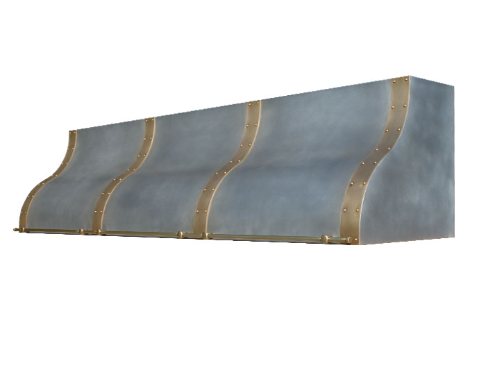 Custom Ogee Range Hood with Light Antique Brass Straps and Pot Rail