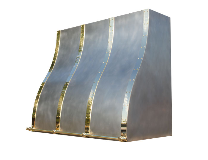 Custom Ogee range Hood with Mirrored Brass Straps and Pot Rail