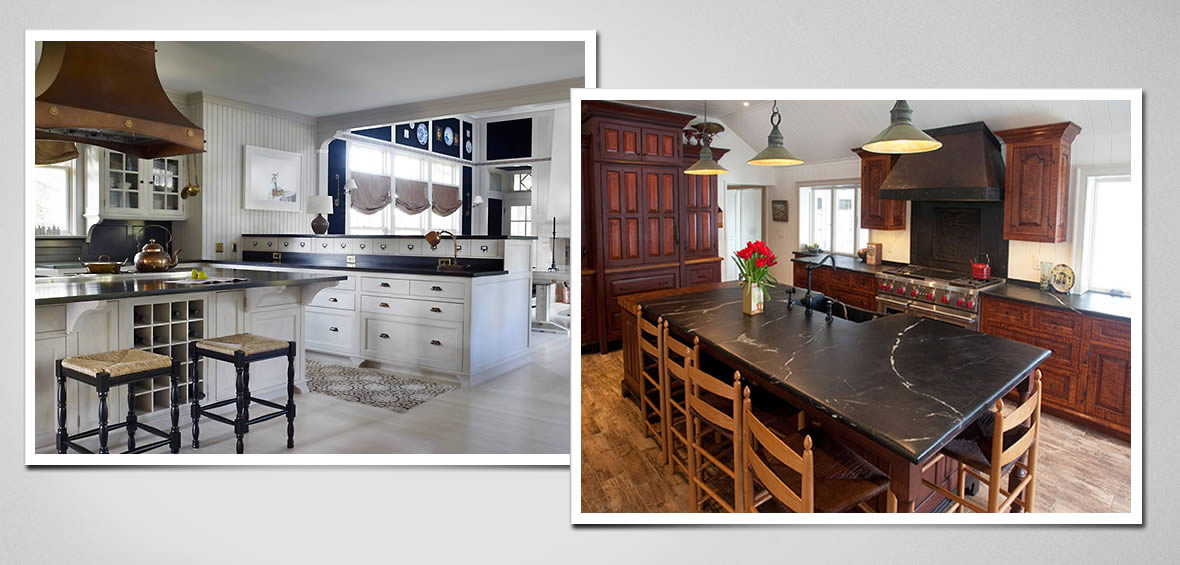 Photos of various custom copper range hoods.