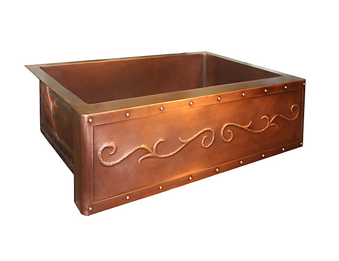 Standard Farmhouse Sink ~ Textured Scroll Repousse ~ Medium Antique Copper
